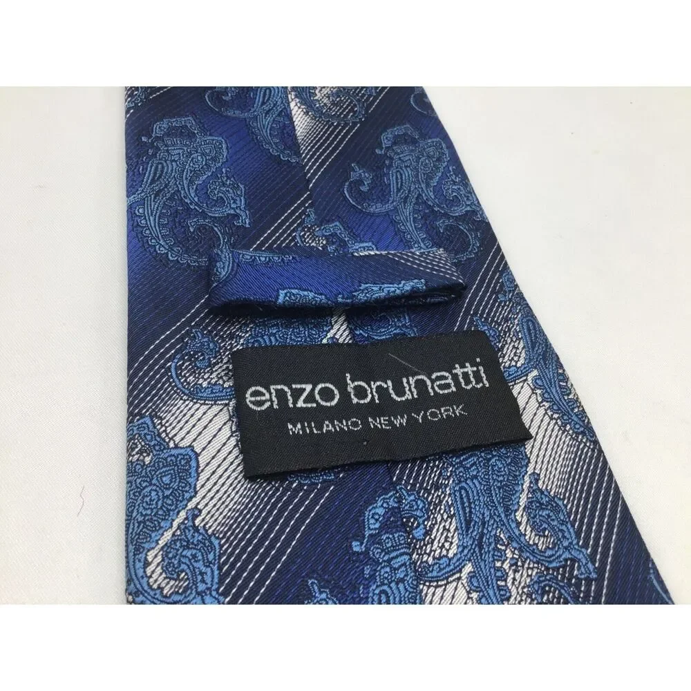 Enzo Brunatti Silk Tie Blue Paisley Striped Handmade 4 Inch Elegant Career